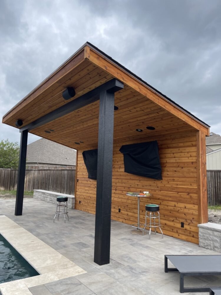 Cedar cabana with TV mount by pool