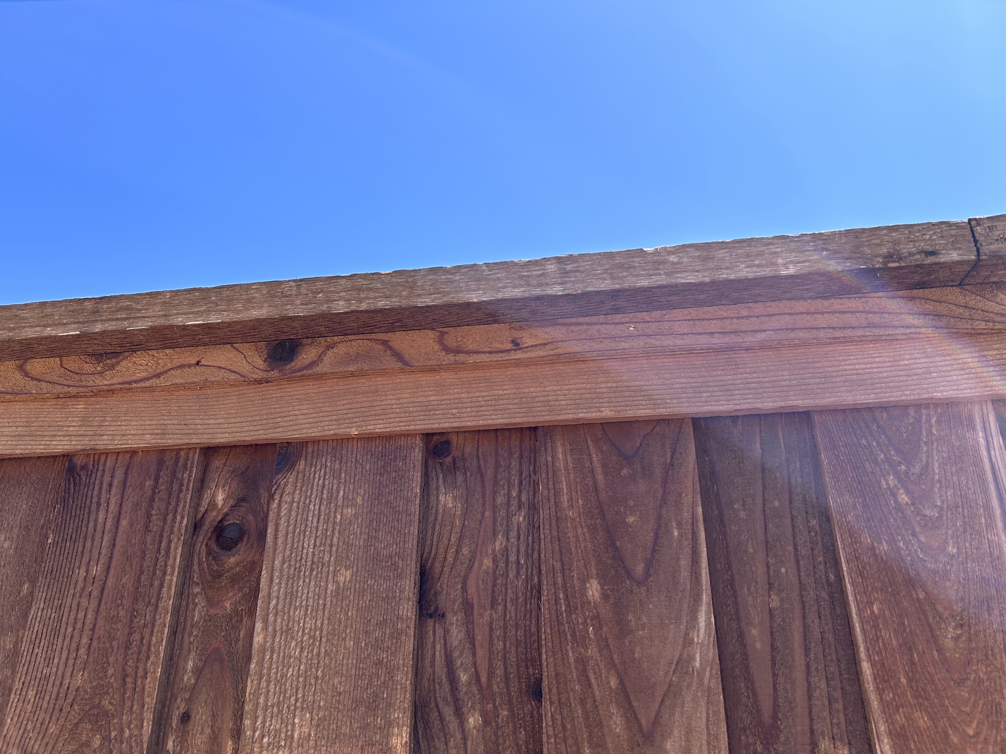 Close-up of stained cedar fence cap rail showing wood grain detail