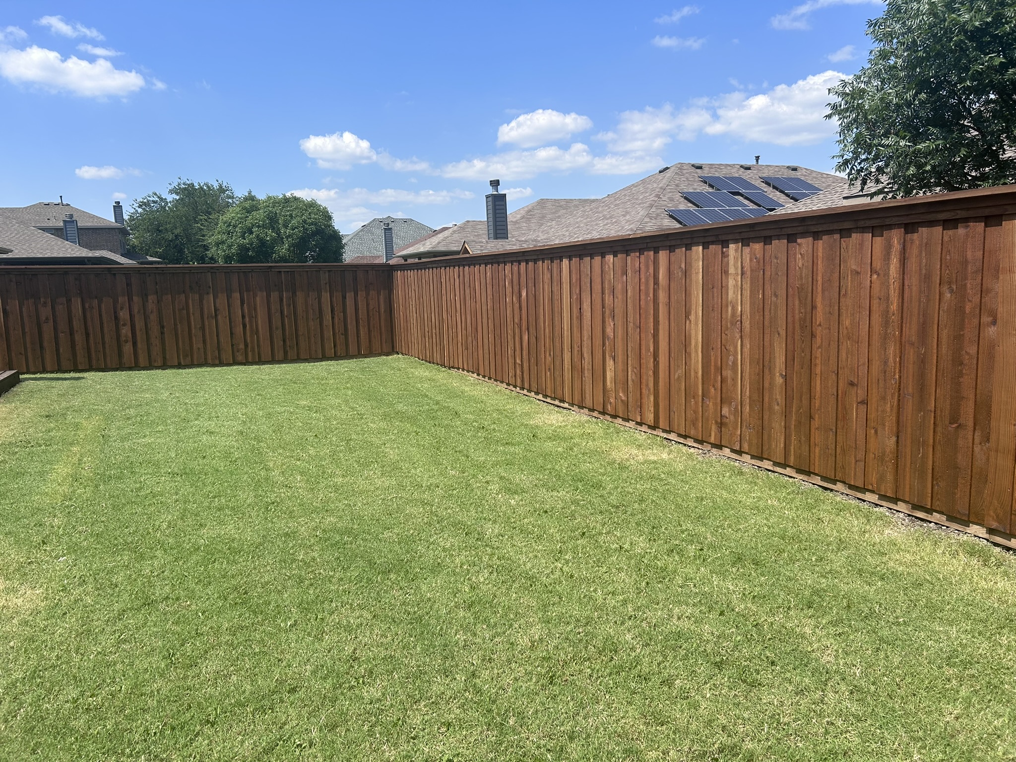 Stained cedar privacy fence along a manicured backyard