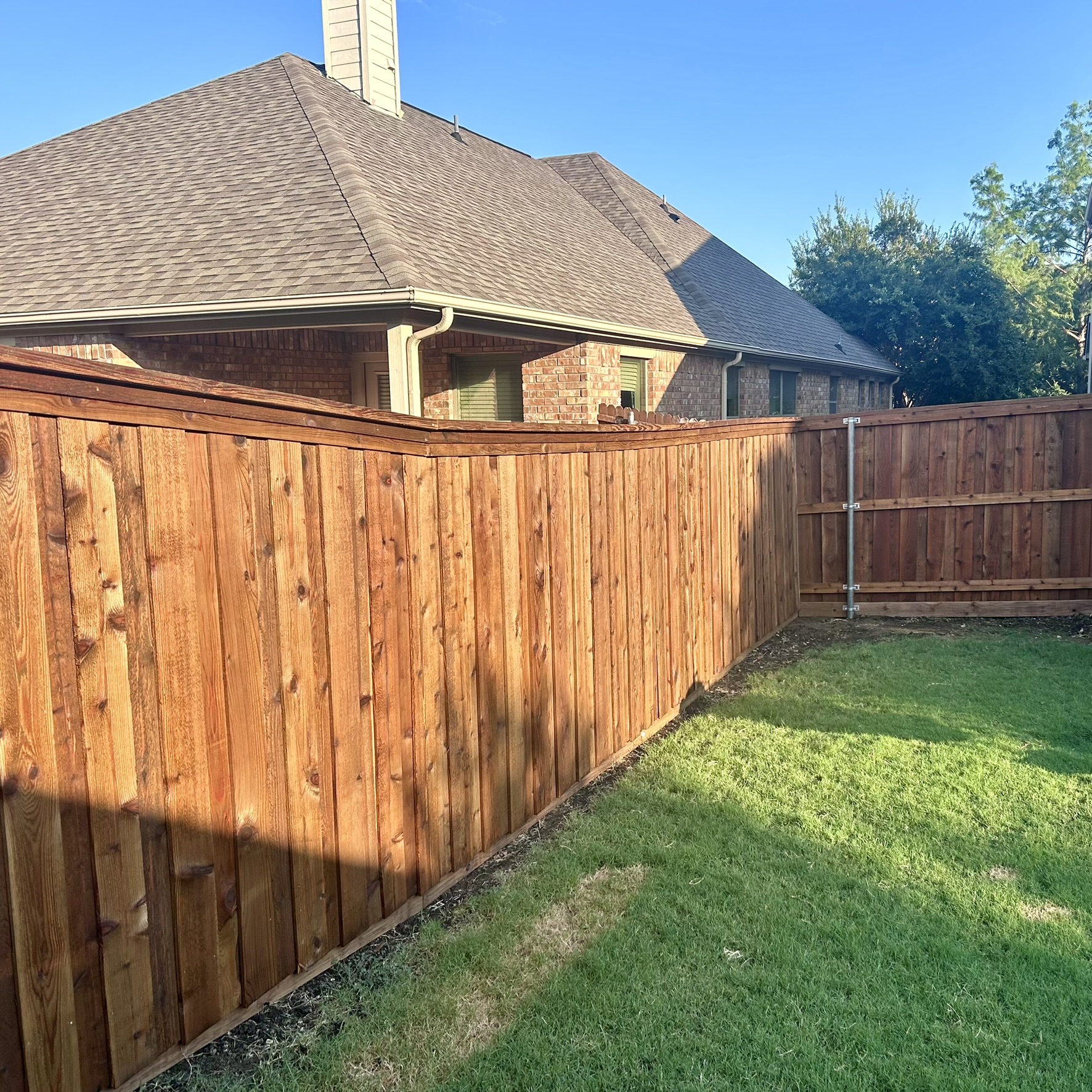 Cedar board-on-board privacy fence running along a residential backyard