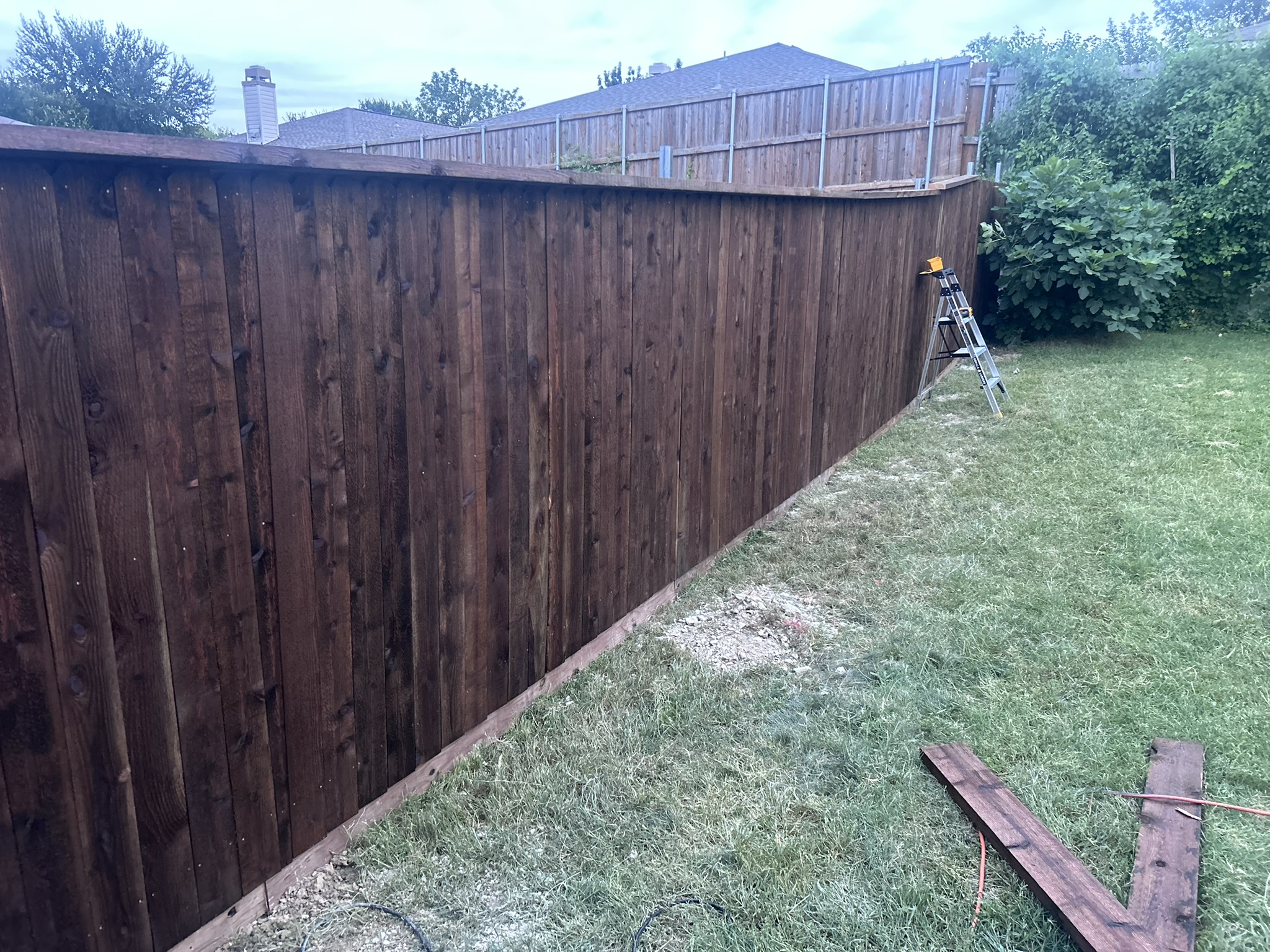 Dark-stained cedar privacy fence in backyard during construction