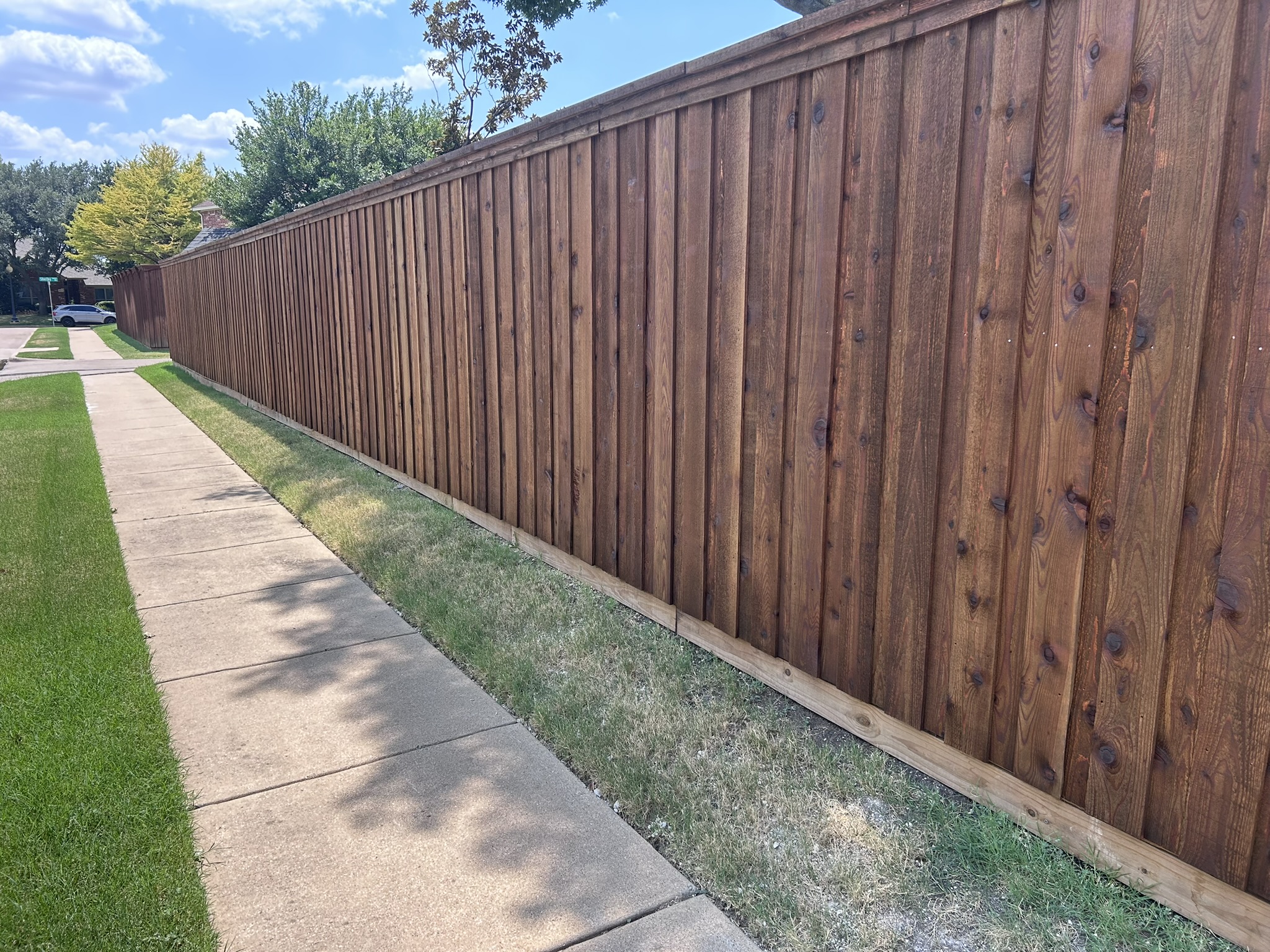 Stained cedar board-on-board privacy fence running along sidewalk