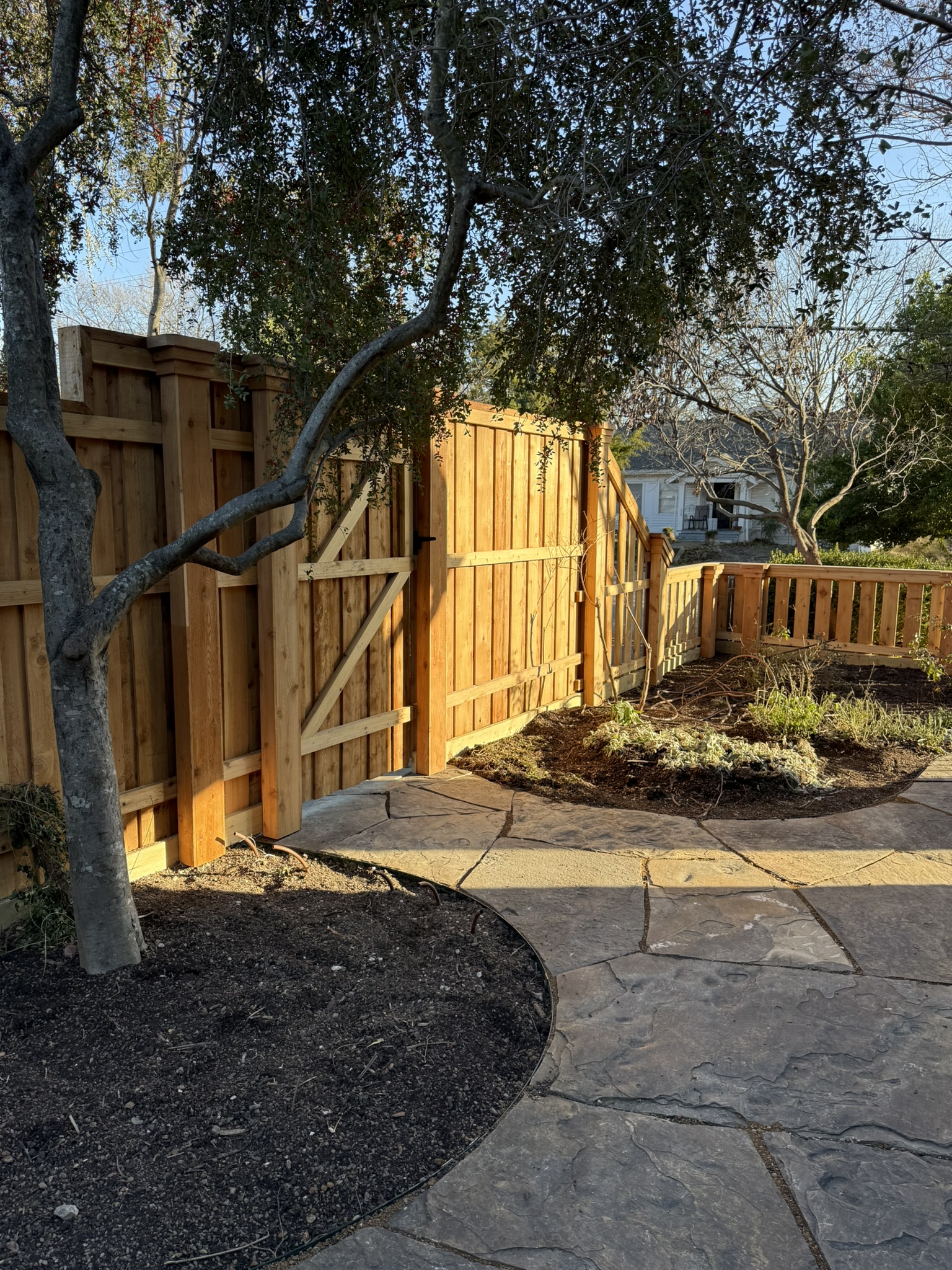 Back side of new cedar board-on-board privacy fence with cap posts along patio